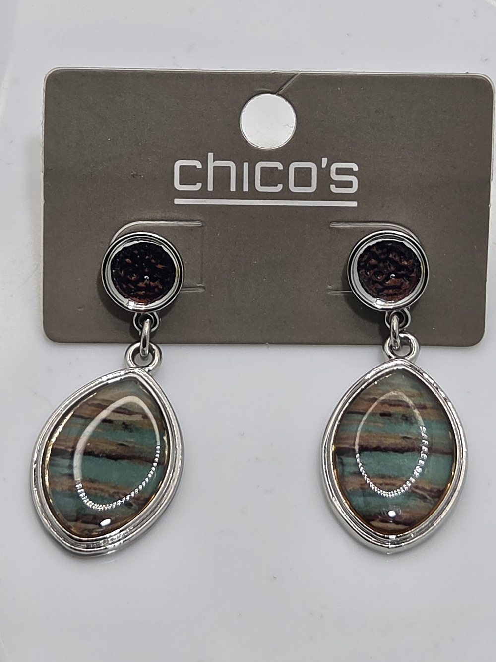NWT Chico’s Faux Turquoise Jasper Oval Drop Earrings Silver Tone Southwestern 🪶